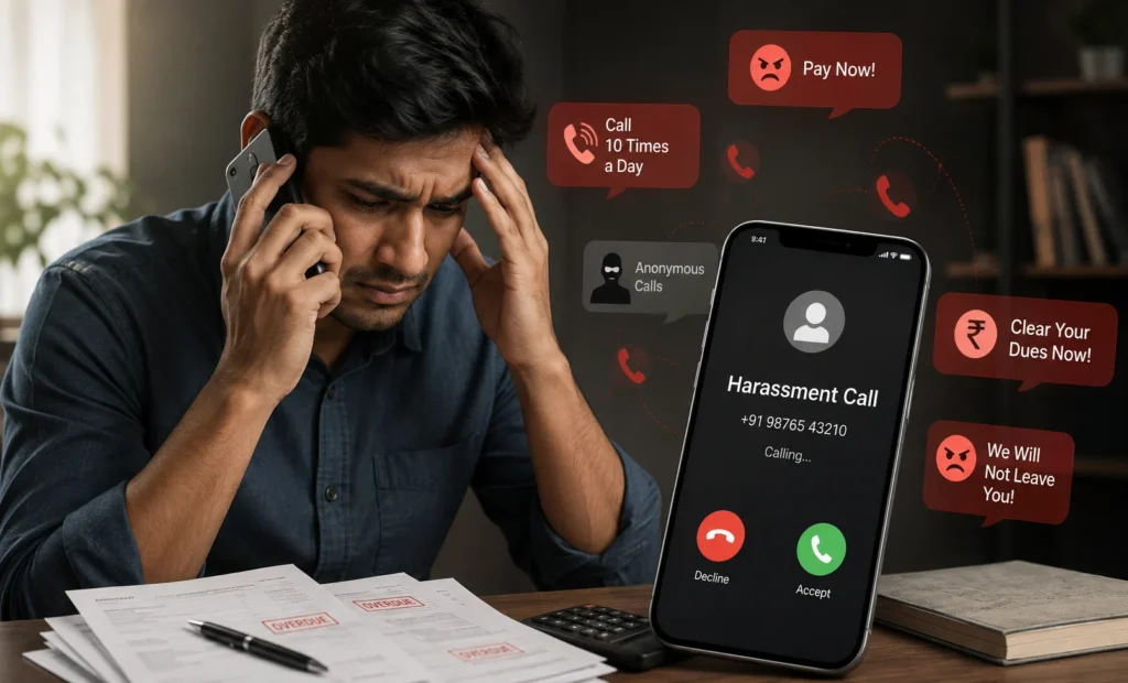 Stressed Indian man receiving repeated loan recovery harassment calls on his mobile phone at home.