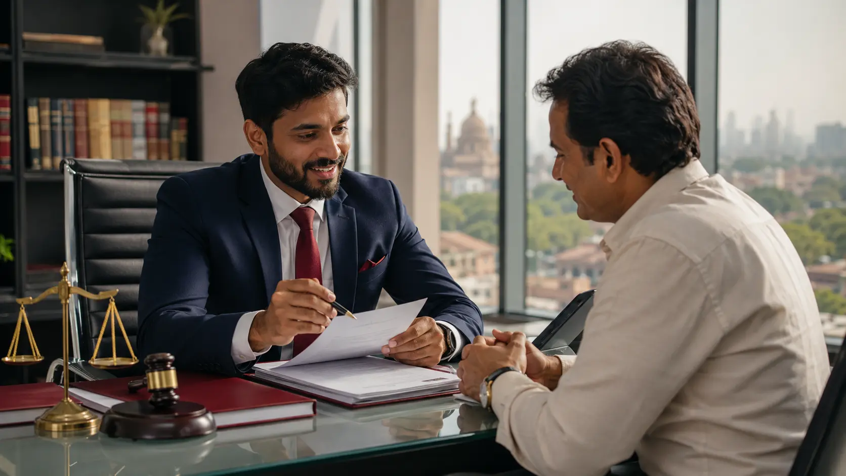 Lawyer explaining debt settlement options to a client, representing a debt settlement company in Delhi