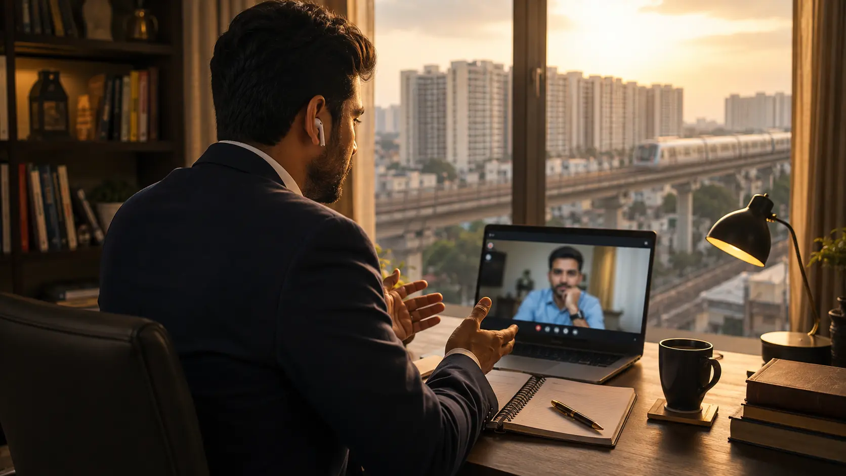 Legal consultant on a video call from a home office in Ghaziabad, representing a debt settlement company in Ghaziabad