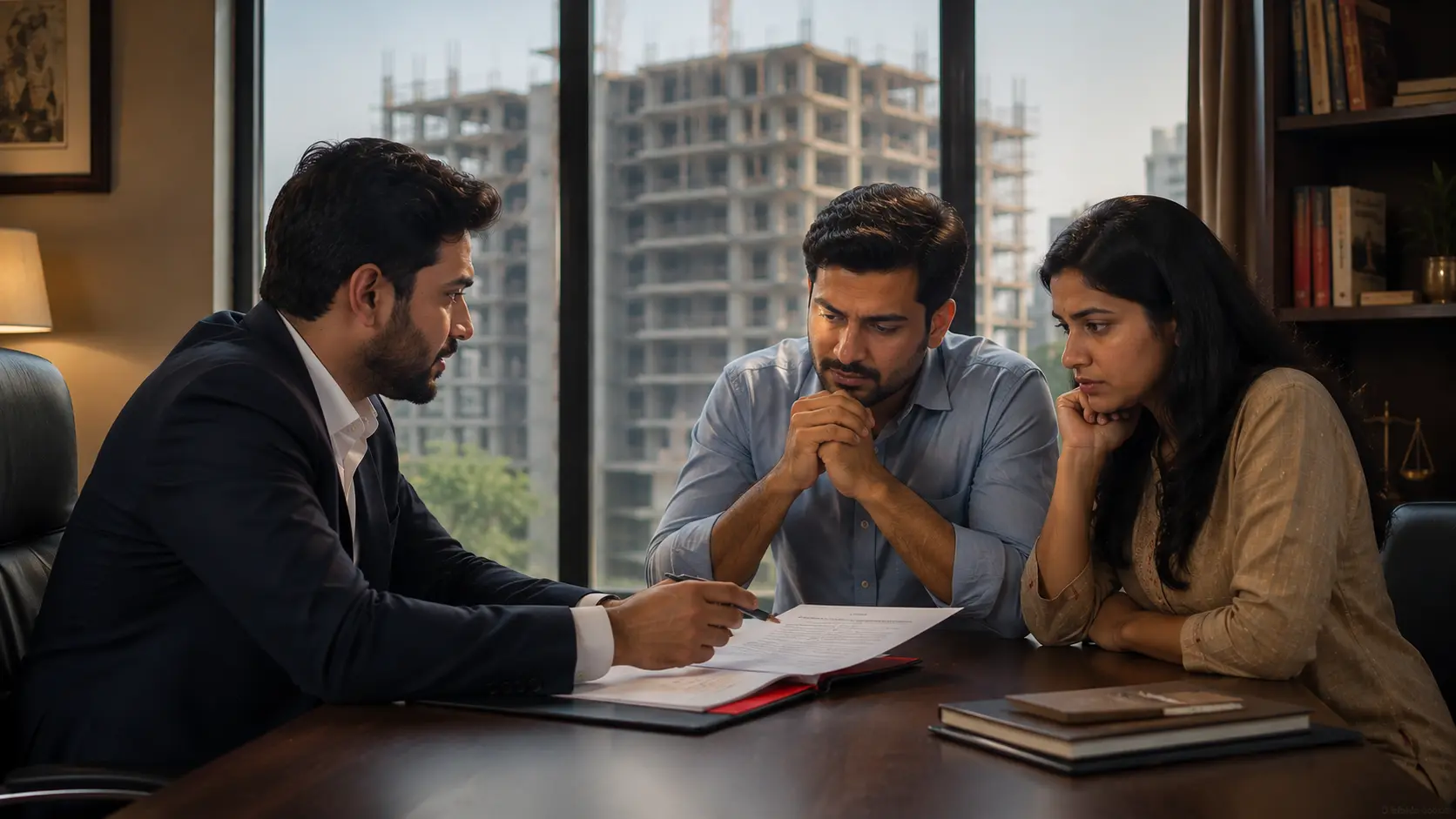Lawyer advising a couple on loan settlement for a delayed housing project, representing a debt settlement company in Greater Noida