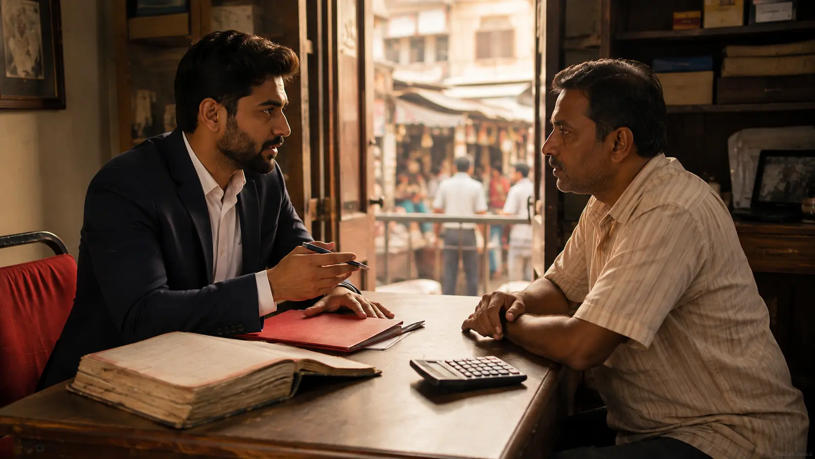 Lawyer consulting a small business owner in old Gurgaon, representing a debt settlement company in Gurgaon