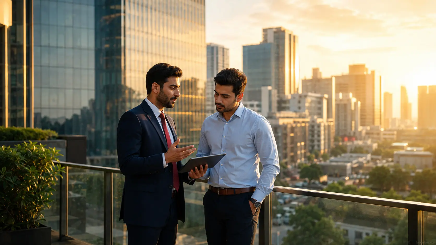 Lawyer consulting a corporate professional on a terrace overlooking Gurugram's skyline, representing a debt settlement company in Gurugram