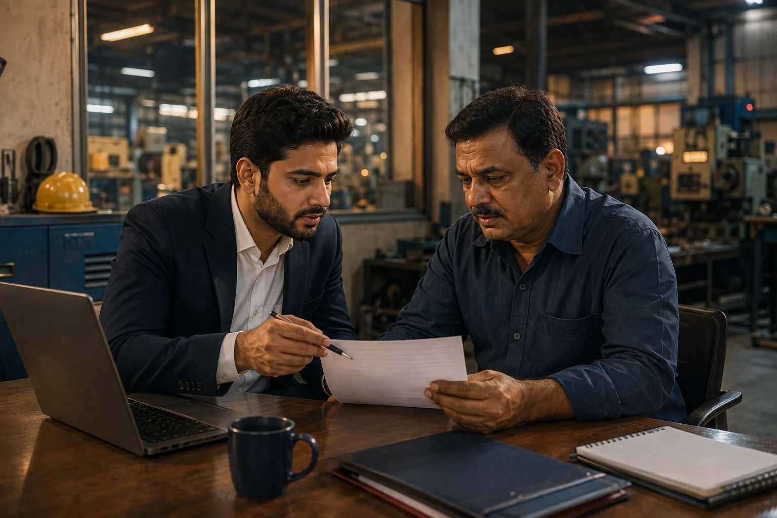 Factory owner reviewing a machinery loan settlement document, representing a loan settlement company in Faridabad