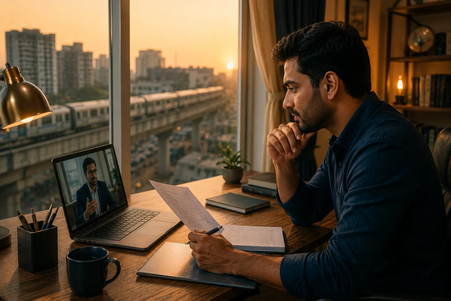 Commuter reviewing loan settlement terms on a video call, representing a loan settlement company in Ghaziabad