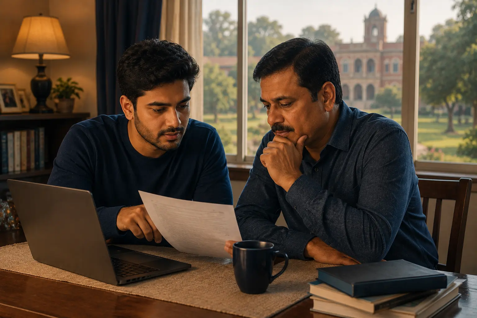 Family reviewing an education loan settlement document, representing a loan settlement company in Greater Noida