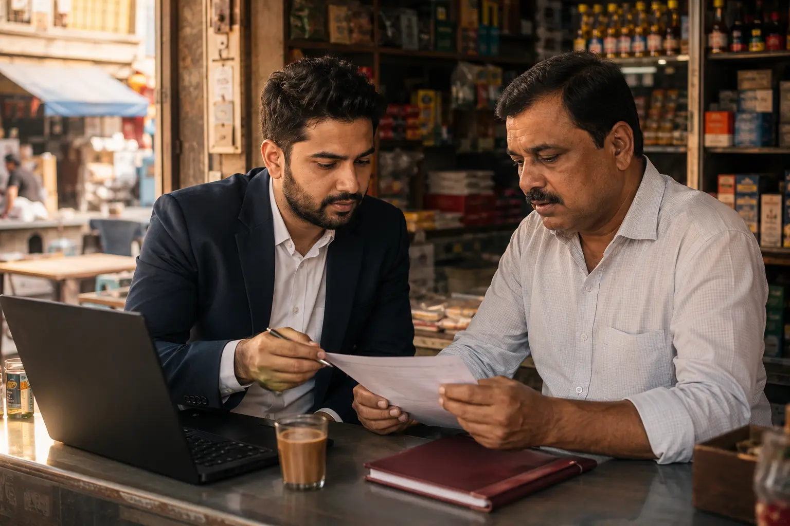 Trader reviewing a business loan settlement document, representing a loan settlement company in Gurgaon