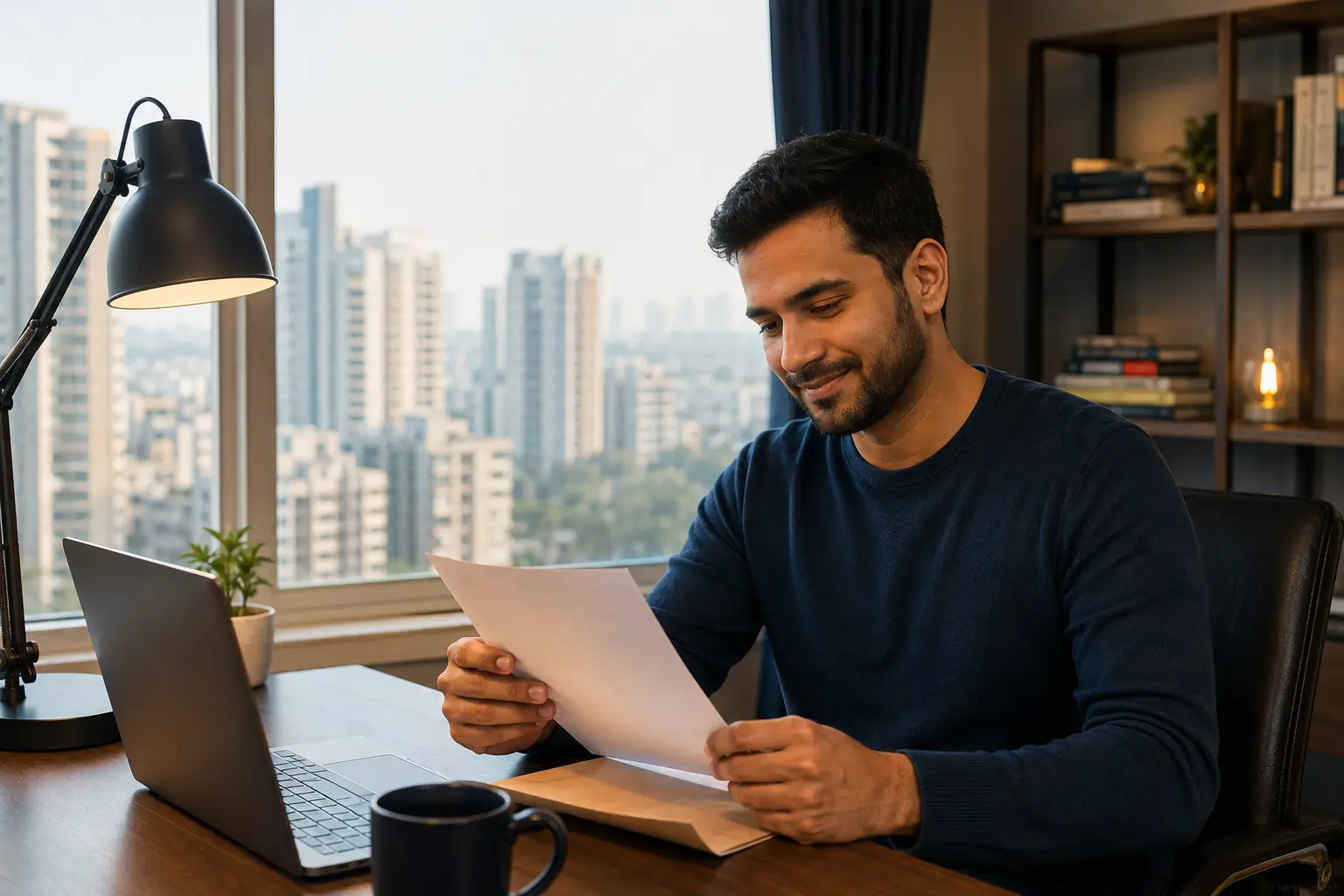 Homeowner reviewing a loan settlement letter, representing a loan settlement company in Noida