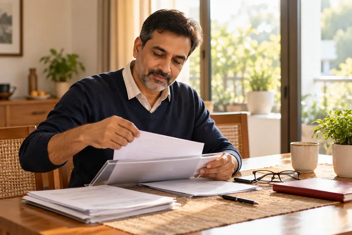 90 days of loan default: a man sorting loan letters into a labelled folder at a dining table in soft morning light