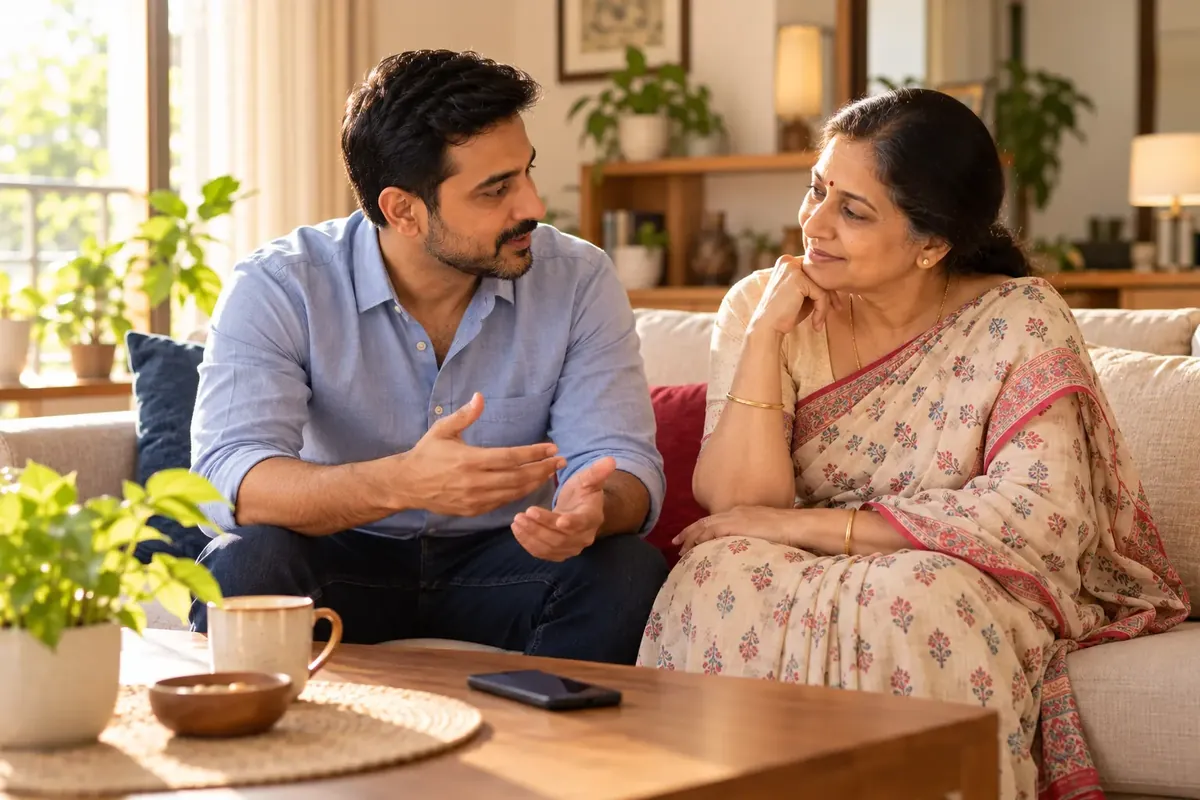 Can recovery agents call my family: a man and his elderly mother sitting together on a sofa, talking calmly, a phone resting face down on the table
