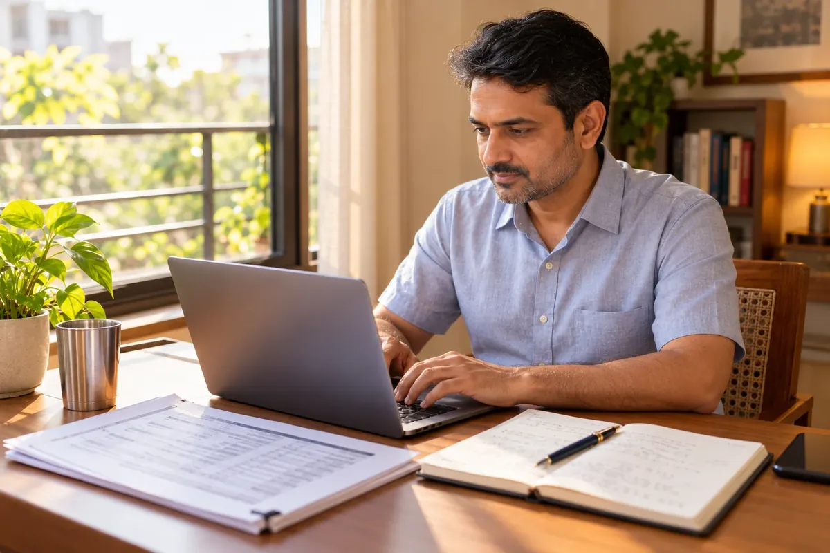 Complain about a recovery agent: a man at a desk typing an email on a laptop, with a printed call log and notes beside him