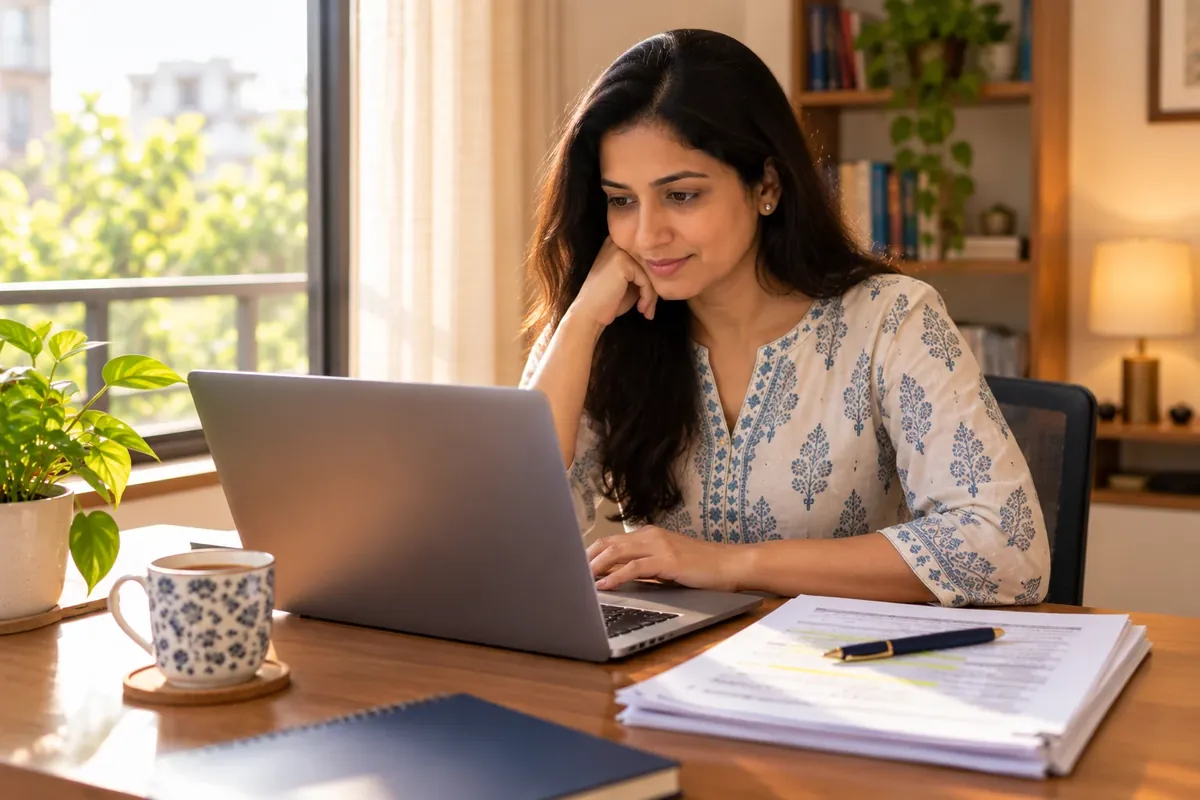 Correct an error in your credit report: a young woman at a laptop reviewing her credit report, with a highlighter and a printed page beside her