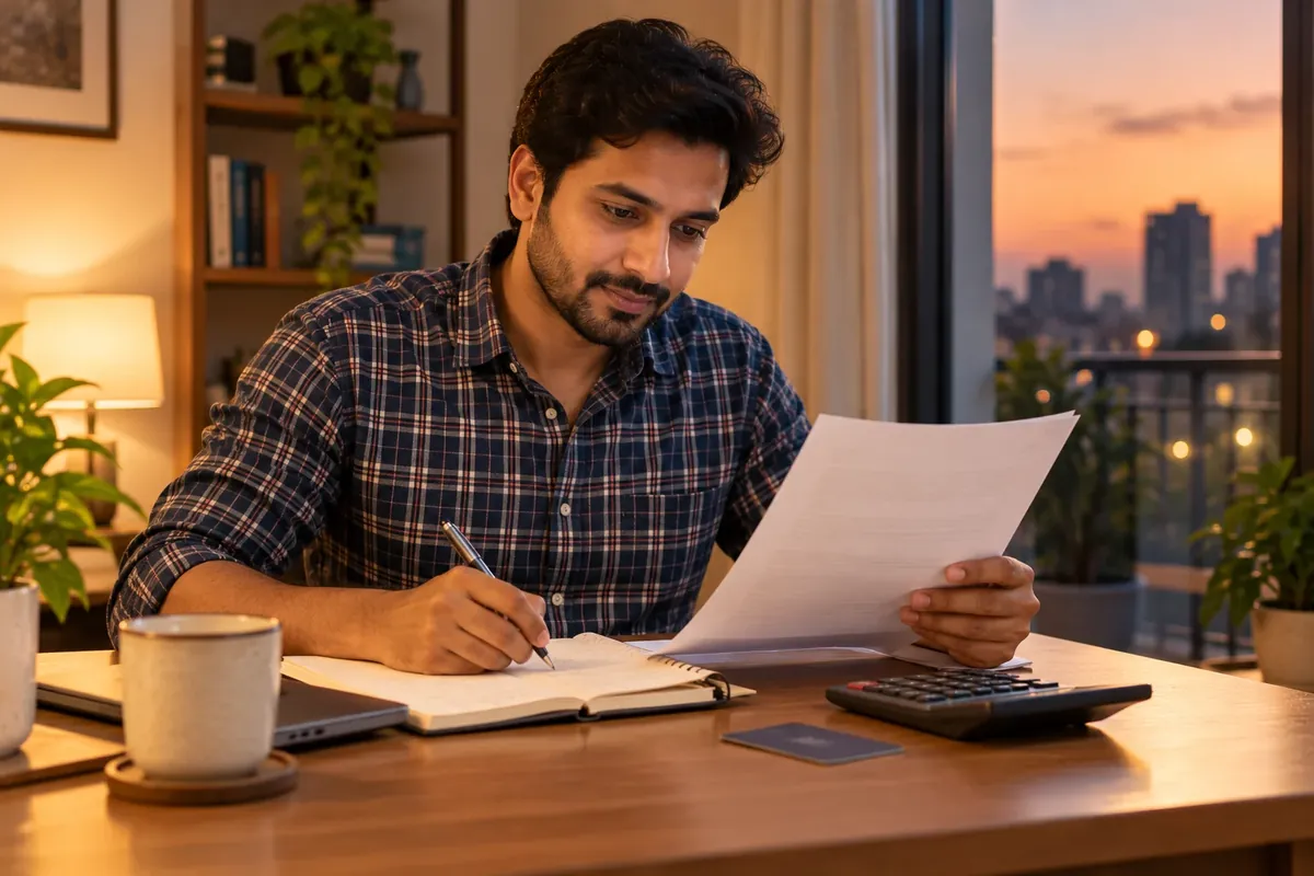 Credit card minimum due: a man at a desk comparing a credit card statement with a notebook and a calculator