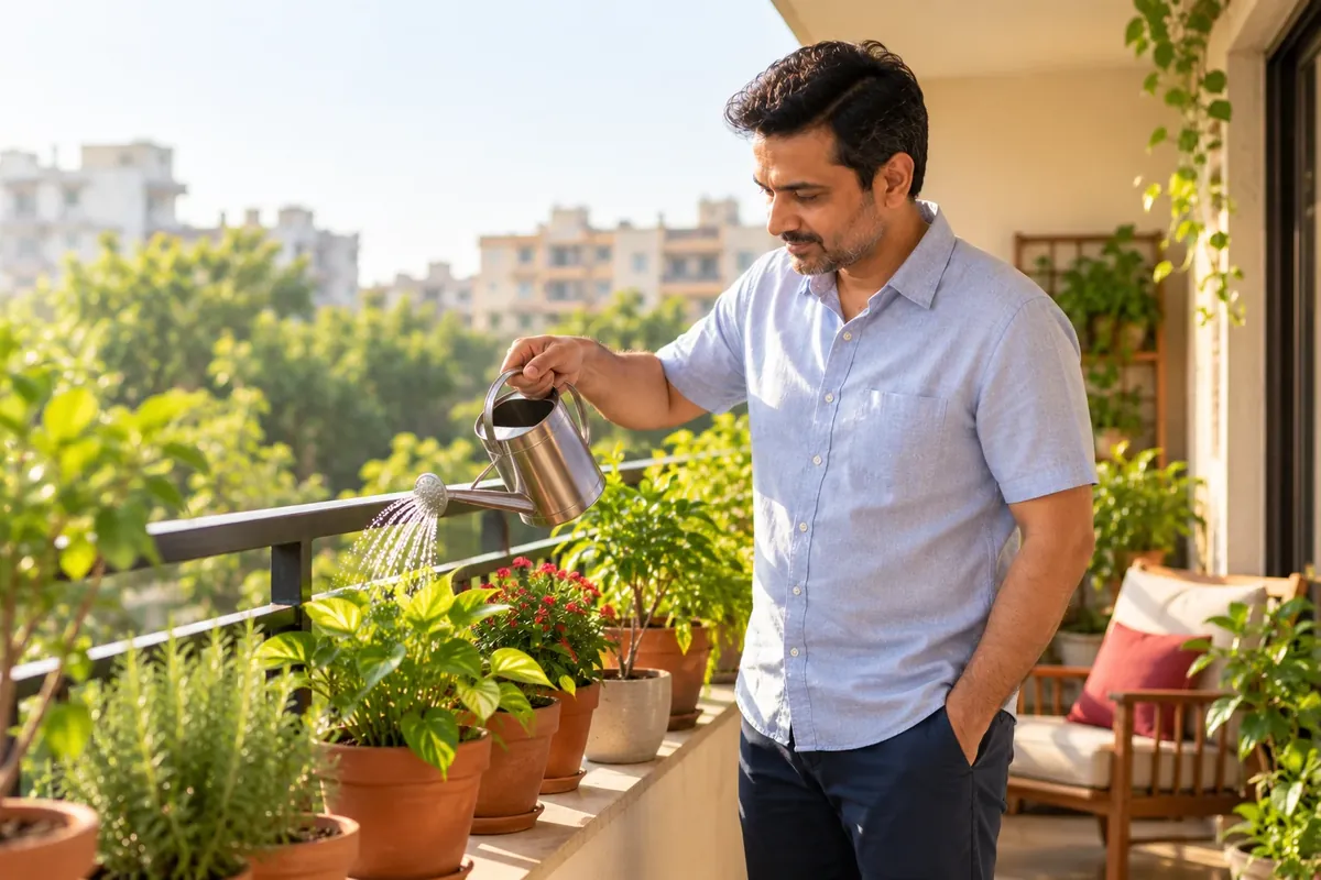 Credit score recovery: a man watering a small potted plant on a sunlit balcony, symbolising slow and steady growth