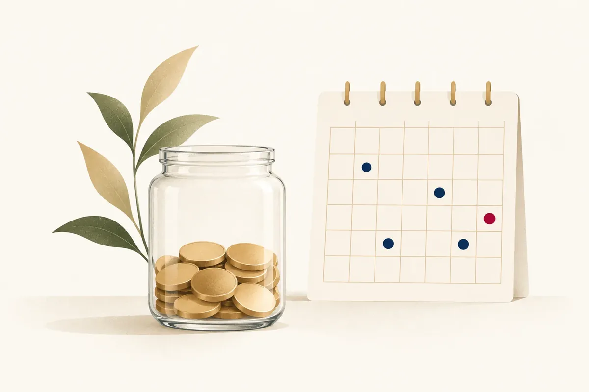 Emergency fund on a tight salary: illustration of a small jar slowly filling with champagne coloured coins beside a calendar