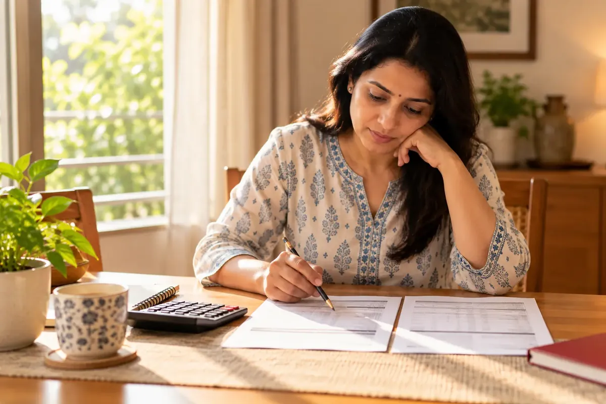 Floating interest rate reset: a woman at her dining table comparing two printed loan statements with a calculator beside her