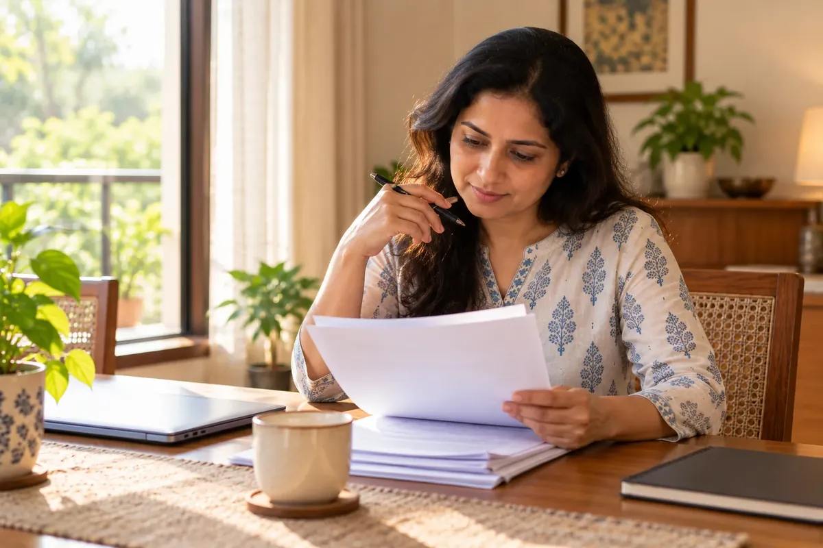 Free credit report: a woman at a dining table reading a printed credit report with a pen and a cup of tea beside her