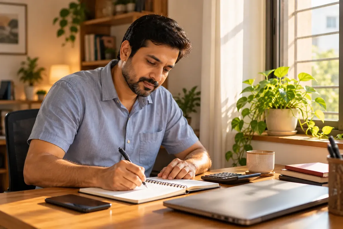 How much EMI can I afford: a man at a home desk working out his monthly budget in a notebook with a calculator beside him