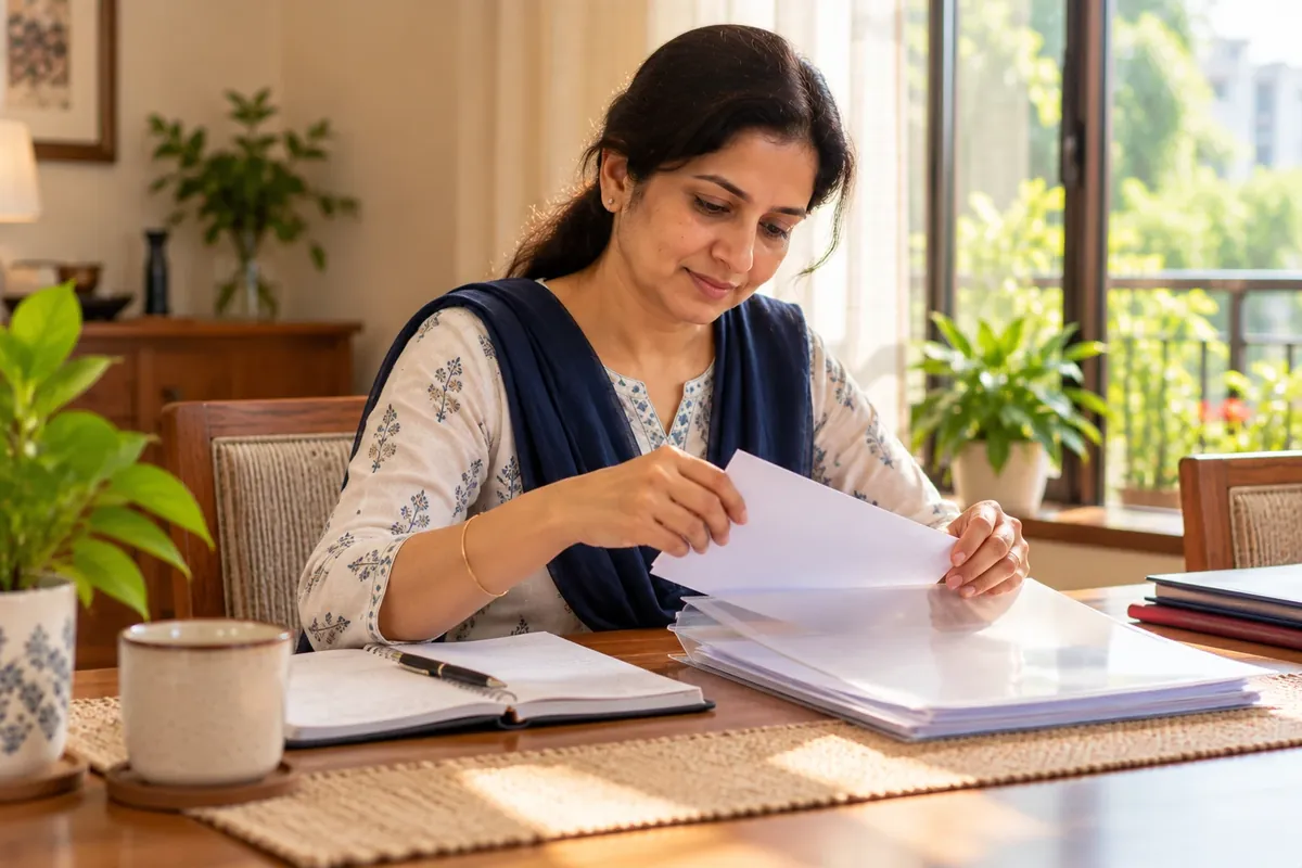 Legal notice for loan default: a woman at a table carefully placing a letter into a clear document folder next to a notebook