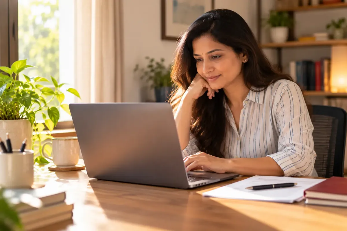 Does loan settlement affect your CIBIL score: a woman at a desk checking her credit report on a laptop with a calm, focused expression