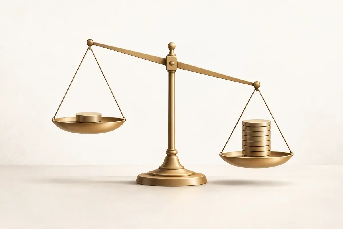 Lower EMI vs lower total cost: a balance scale illustration with a small weight on one side and a longer stack on the other