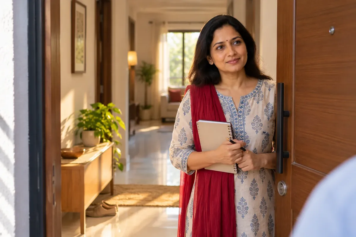 Recovery agent at your home: a woman standing calmly at her half-open front door, holding a notebook