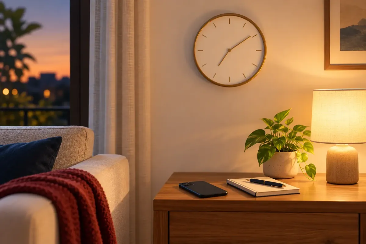 Recovery call timings: a wall clock in a quiet home showing early evening, with a phone placed calmly on a side table