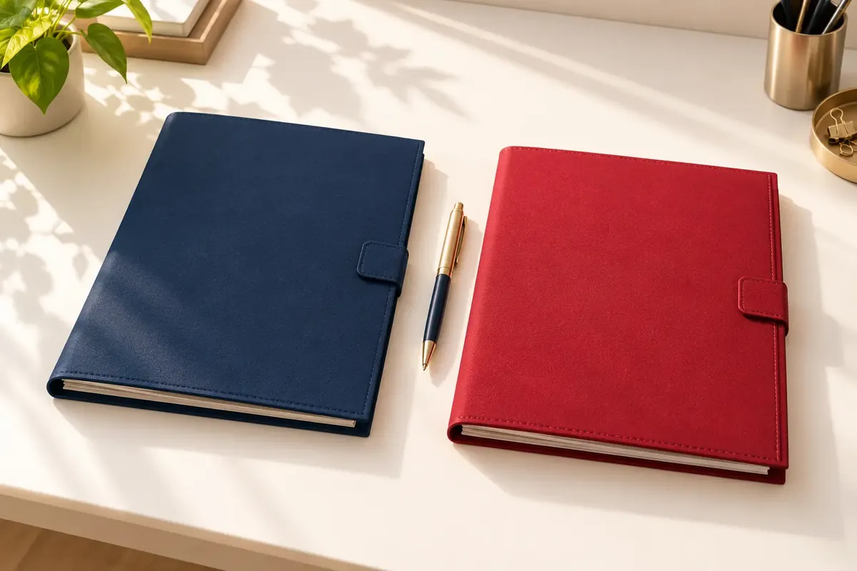 Settled vs closed loan account: two paper folders side by side on a clean desk, one neat and one marked with a small crimson tab, illustrated