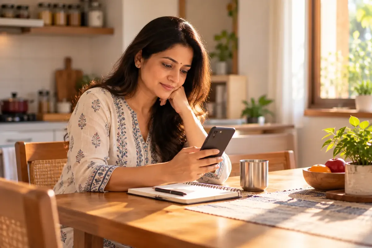 What happens if I miss an EMI: a woman at a kitchen table reading a loan statement on her phone beside a notebook and a cup of tea