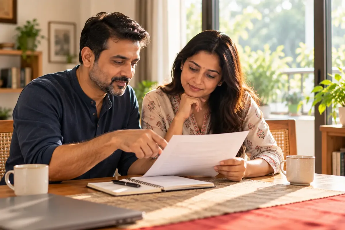 What is loan settlement: a couple reading a printed letter together at a table, calm and attentive