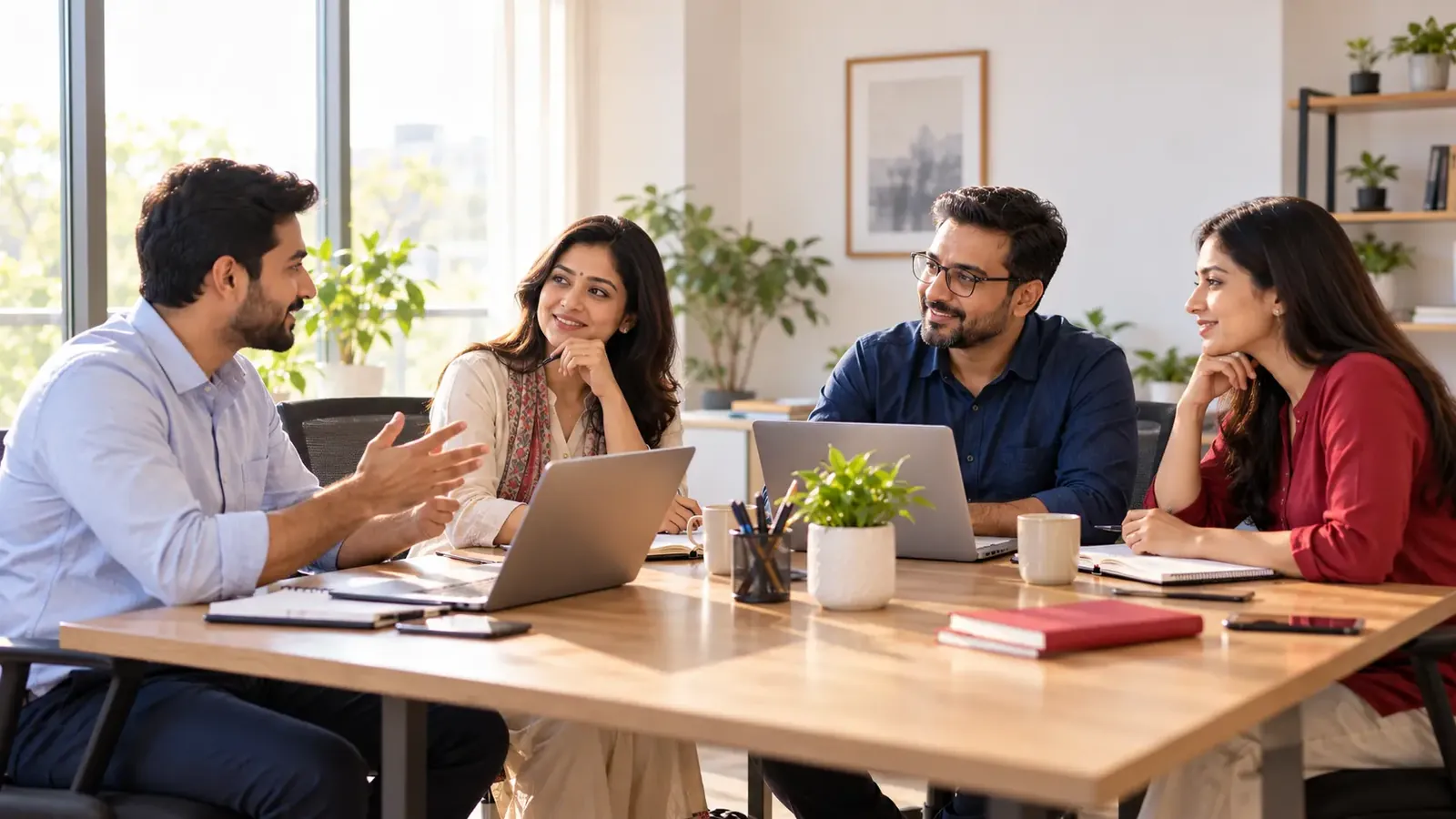 A TDR team talking through a case together around a table in a bright office.