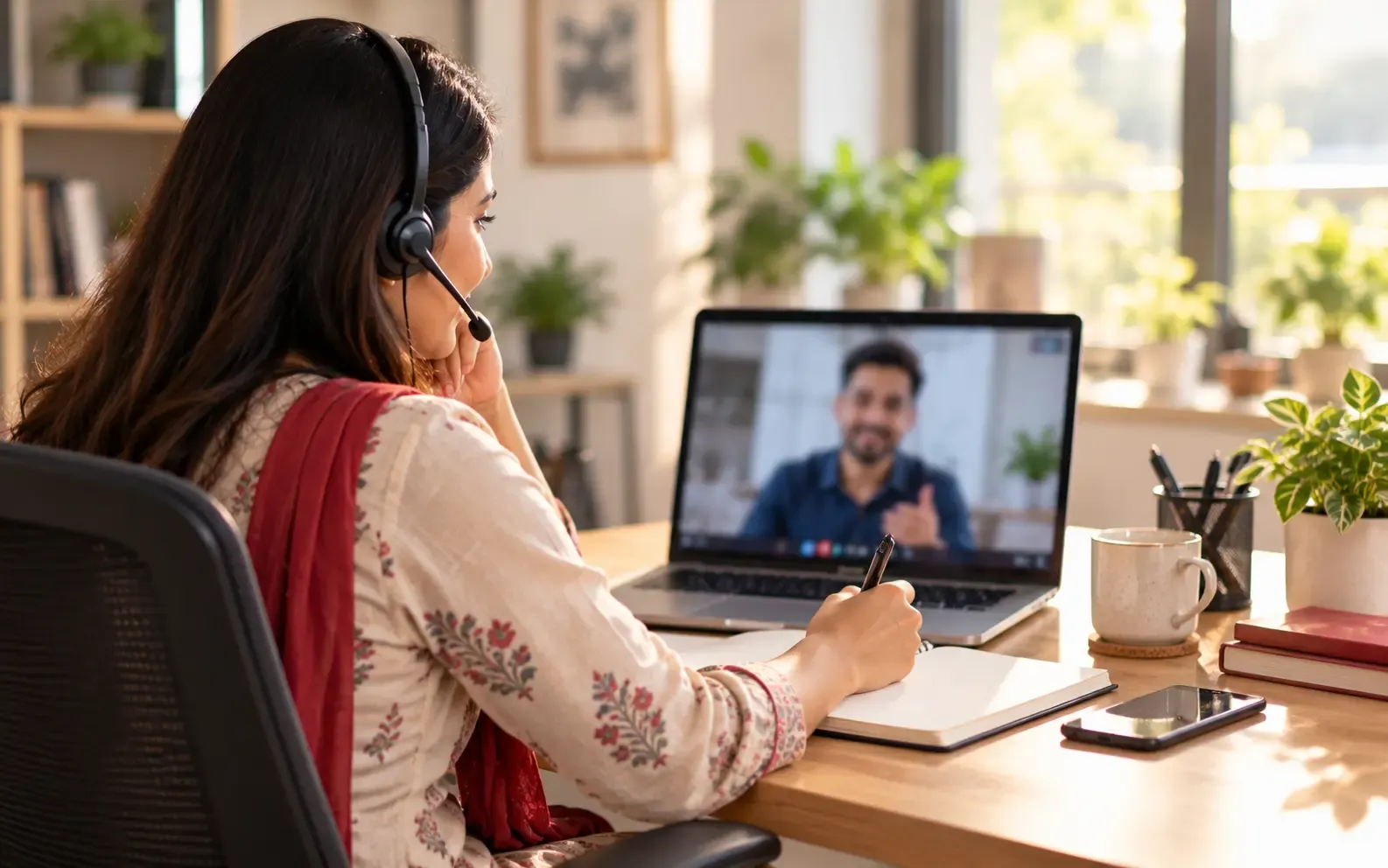 A TDR team member on a video call with a client, taking notes.