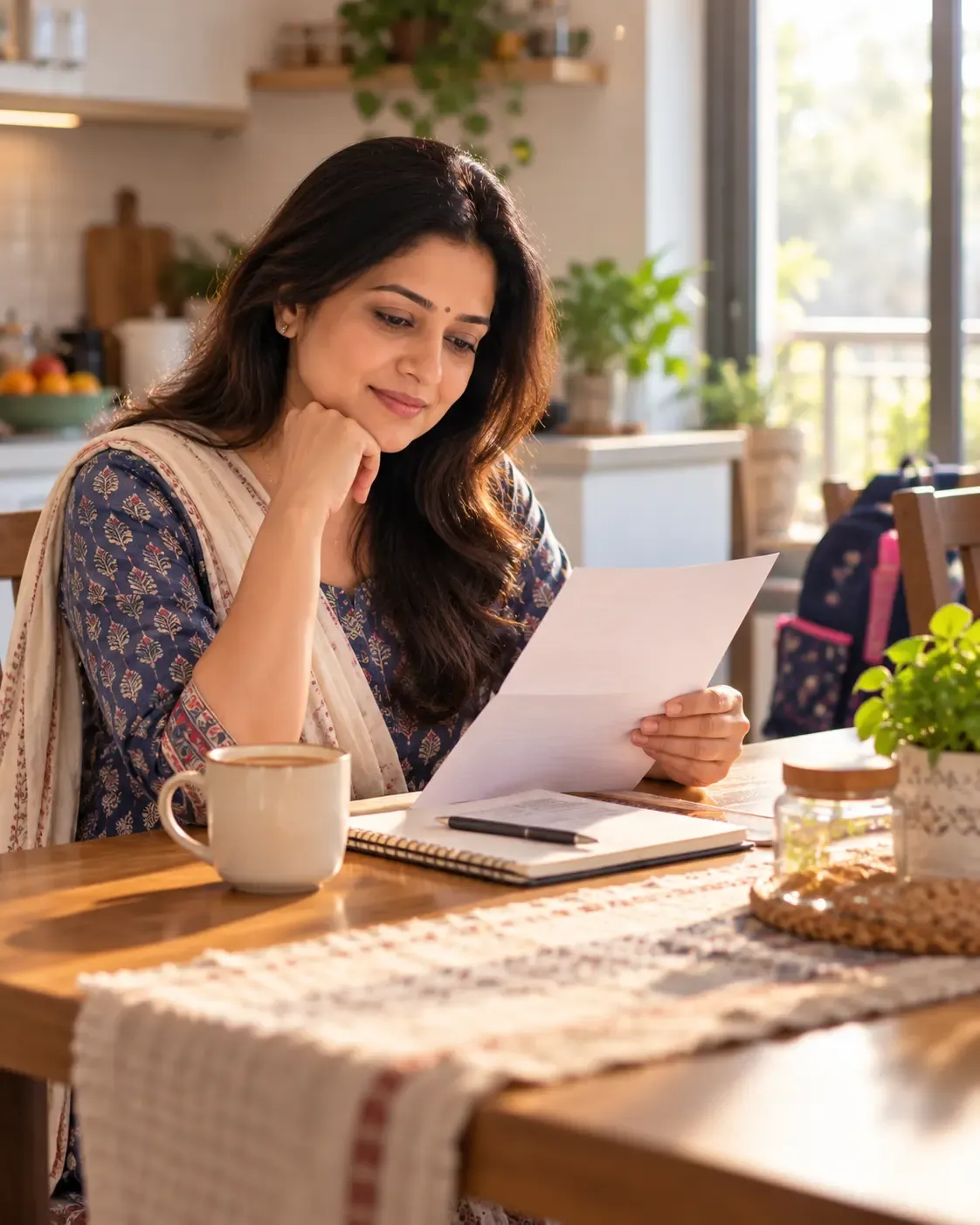 A woman at her kitchen table reading a letter, with a notebook and a cup of tea.