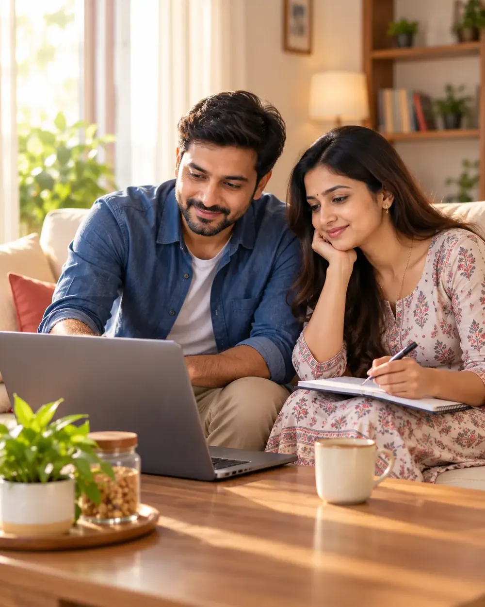 A couple sitting together at home, planning their month on a laptop and in a notebook.